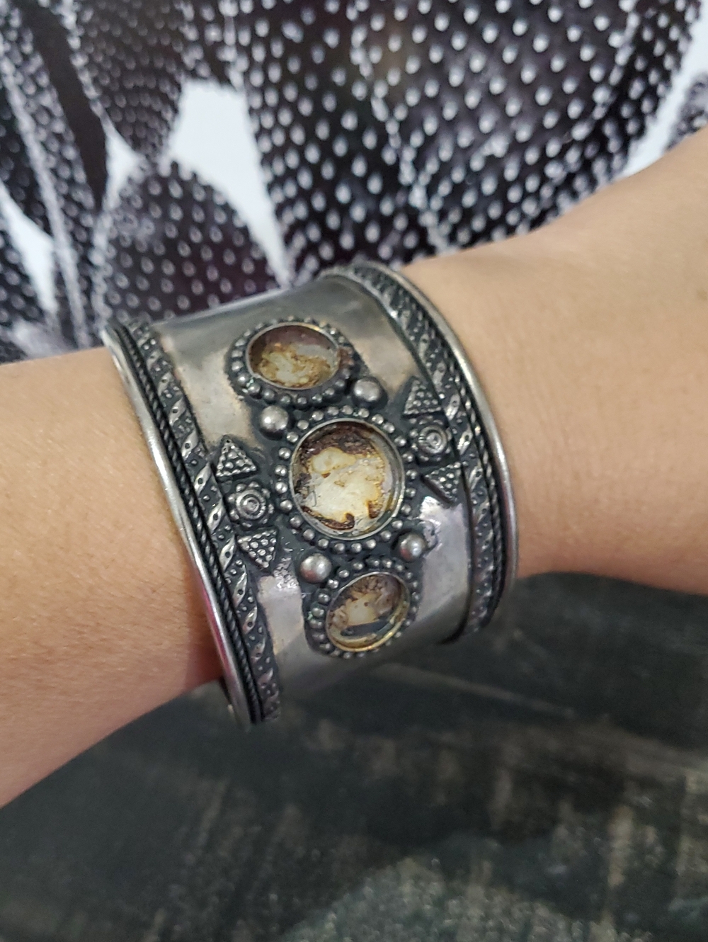 Vintage Silver Accent Cuff Bracelet Armor Brutalist Warrior Rustic Chunky Tibet